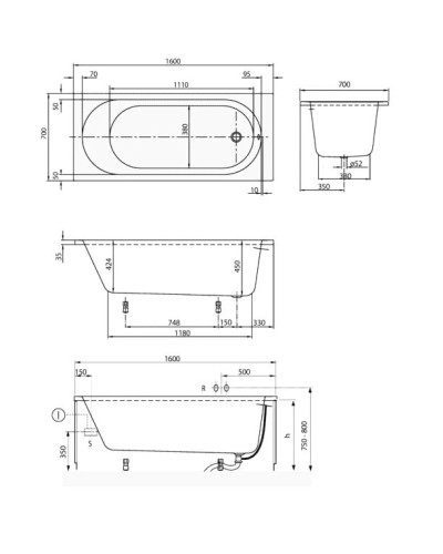 Ванна акрилова Villeroy & Boch O.Novo/Cassandra 160х70 прямокутна біла (UBA160CAS2V-01)