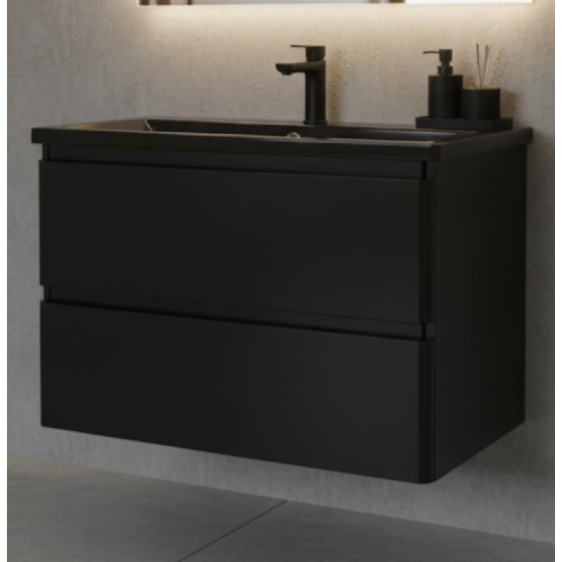Тумба чорна підвісна 60 см з чорним умивальником Bianco (2 ящики)